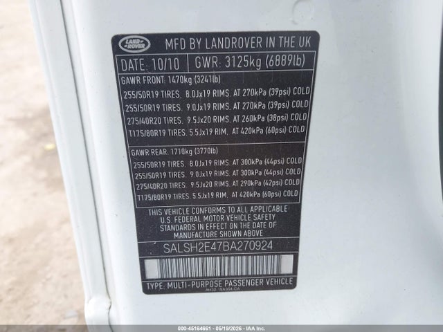 45164661 :رقم المزاد ، SALSH2E47BA270924 vin ، 2011 Land Rover Range Rover Sport Supercharged مزاد بيع