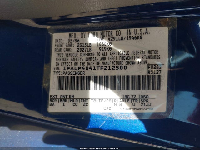 1996 Ford Mustang მანქანა იყიდება აუქციონზე, vin: 1FALP4041TF212500, აუქციონის ნომერი: 45164669