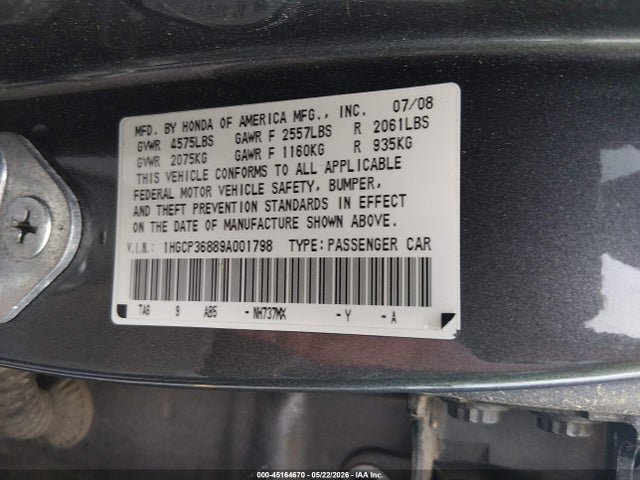 Aukcja sprzedaży 2009 Honda Accord 3.5 Ex-l, vin: 1HGCP36889A001798, numer aukcji: 45164670