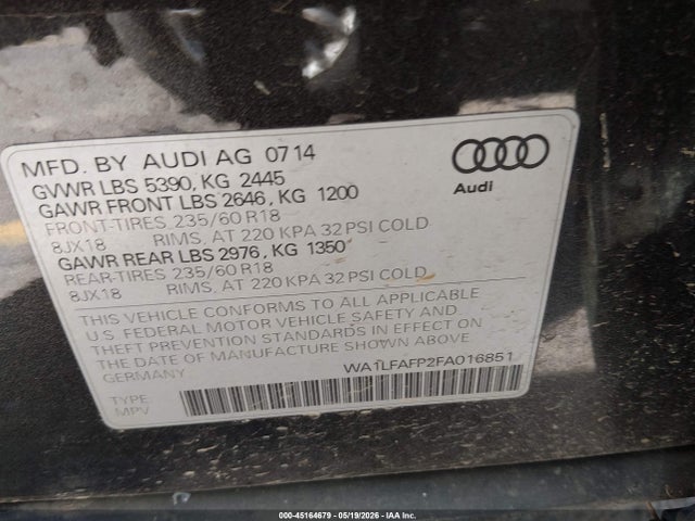 2015 Audi Q5 2.0t Premium მანქანა იყიდება აუქციონზე, vin: WA1LFAFP2FA016851, აუქციონის ნომერი: 45164679