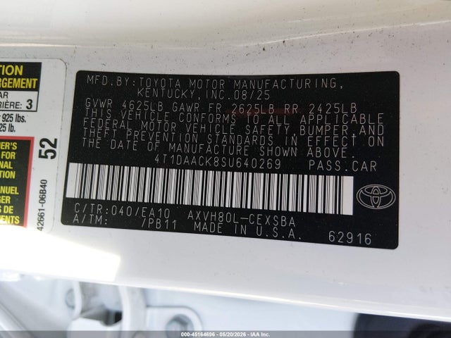 45164696 :رقم المزاد ، 4T1DAACK8SU640269 vin ، 2025 Toyota Camry Se مزاد بيع