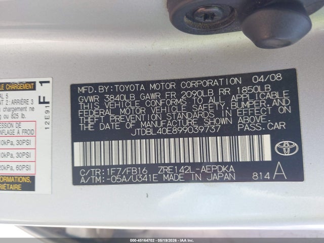 Aukcja sprzedaży 2009 Toyota Corolla, vin: JTDBL40E899039737, numer aukcji: 45164702