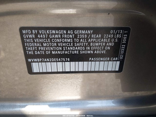 2013 Volkswagen Cc 2.0t R-line მანქანა იყიდება აუქციონზე, vin: WVWBP7AN2DE547576, აუქციონის ნომერი: 45164705