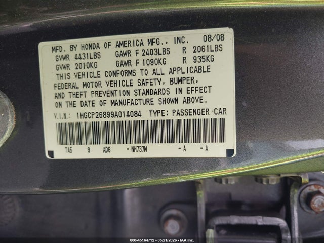 2009 Honda Accord 2.4 Ex-l მანქანა იყიდება აუქციონზე, vin: 1HGCP26899A014084, აუქციონის ნომერი: 45164712