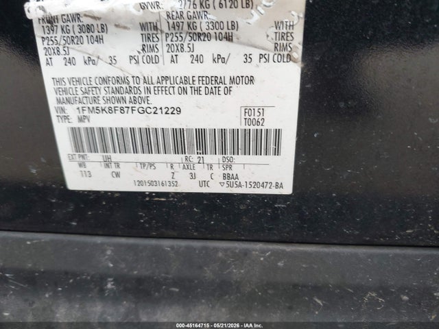 2015 Ford Explorer Limited მანქანა იყიდება აუქციონზე, vin: 1FM5K8F87FGC21229, აუქციონის ნომერი: 45164715