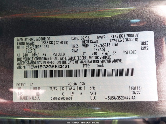 Aukcja sprzedaży 2016 Ford F-150 Lariat, vin: 1FTEW1EG2GKF83461, numer aukcji: 45164721