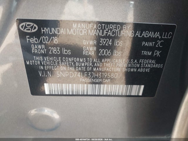 Aukcja sprzedaży 2018 Hyundai Elantra Se, vin: 5NPD74LF3JH319580, numer aukcji: 45164724