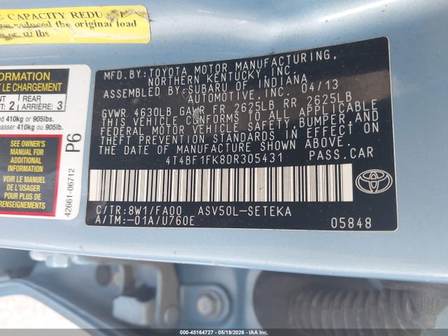 2013 Toyota Camry L მანქანა იყიდება აუქციონზე, vin: 4T4BF1FK8DR305431, აუქციონის ნომერი: 45164727
