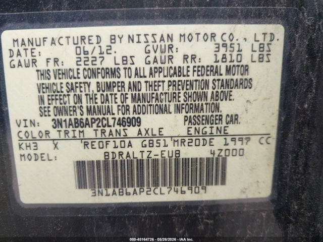 45164726 :رقم المزاد ، 3N1AB6AP2CL746909 vin ، 2012 Nissan Sentra 2.0 S مزاد بيع