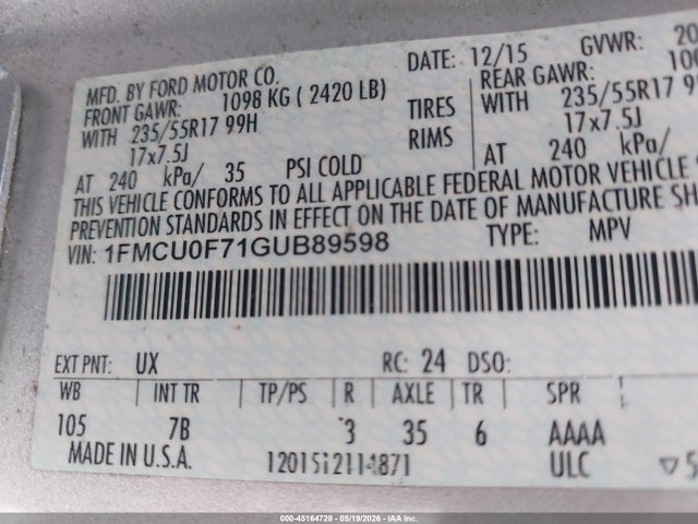 45164728 :رقم المزاد ، 1FMCU0F71GUB89598 vin ، 2016 Ford Escape S مزاد بيع