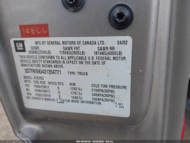 Aukcja sprzedaży 2002 Gmc Sierra 1500 Denali, vin: 2GTFK69U421354771, numer aukcji: 45164730