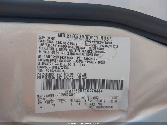 Продажа на аукционе авто 2001 Ford Taurus Lx, vin: 1FAFP52U71G278444, номер лота: 45164737