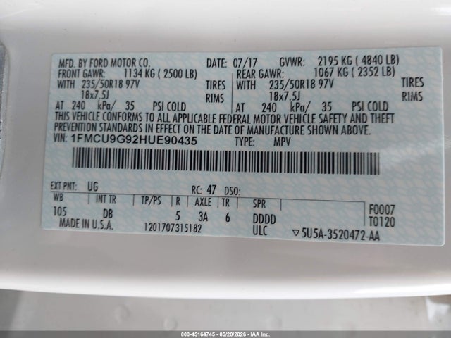 Aukcja sprzedaży 2017 Ford Escape Se, vin: 1FMCU9G92HUE90435, numer aukcji: 45164745