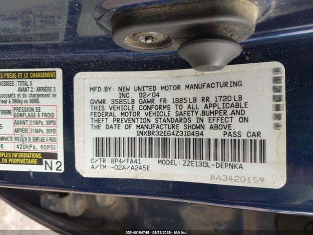 2004 Toyota Corolla Le მანქანა იყიდება აუქციონზე, vin: 1NXBR32E64Z310494, აუქციონის ნომერი: 45164749