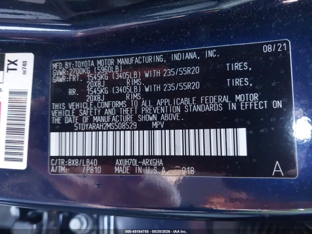 5TDYARAH2MS508529 Toyota Highlander Hybrid Limited