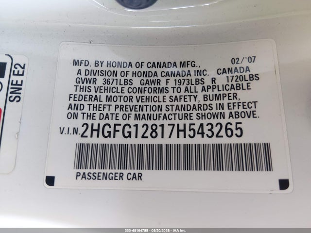 45164758 :رقم المزاد ، 2HGFG12817H543265 vin ، 2007 Honda Civic Ex مزاد بيع