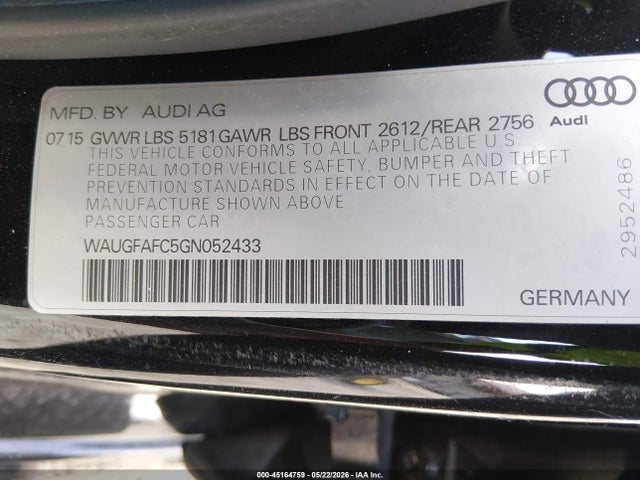 WAUGFAFC5GN052433 Audi A6 2.0t Premium Plus