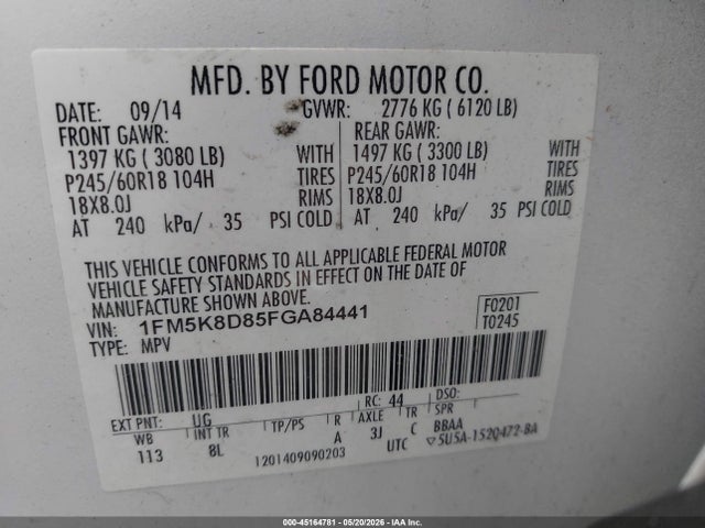 45164781 :رقم المزاد ، 1FM5K8D85FGA84441 vin ، 2015 Ford Explorer Xlt مزاد بيع