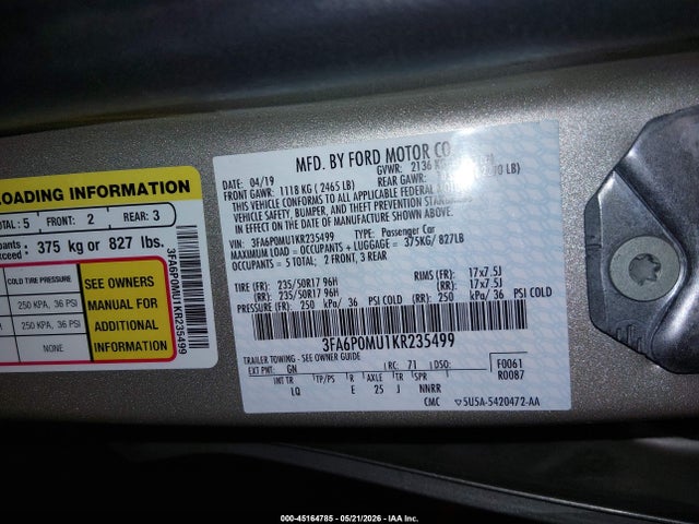 Ford Fusion Hybrid Sel 2019 3FA6P0MU1KR235499 Image 9