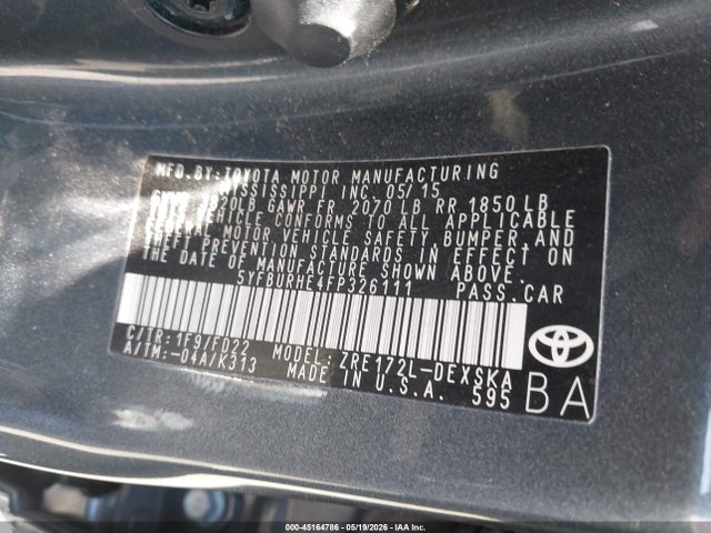 Продажа на аукционе авто 2015 Toyota Corolla S Plus, vin: 5YFBURHE4FP326111, номер лота: 45164786