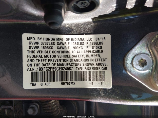 Honda Civic Lx 2016 19XFC2F59GE024587 Image 9