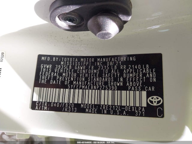 45164805 :رقم المزاد ، 5YFEPMAE8NP275390 vin ، 2022 Toyota Corolla Le مزاد بيع