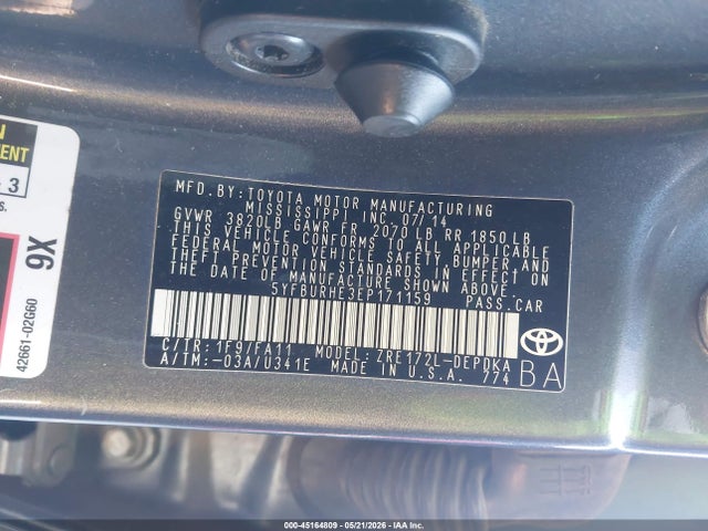 45164809 :رقم المزاد ، 5YFBURHE3EP171159 vin ، 2014 Toyota Corolla L مزاد بيع