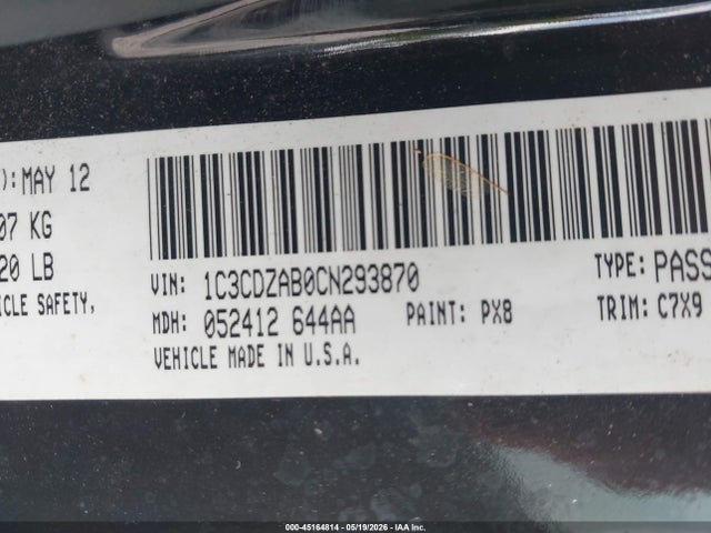 45164814 :رقم المزاد ، 1C3CDZAB0CN293870 vin ، 2012 Dodge Avenger Se مزاد بيع