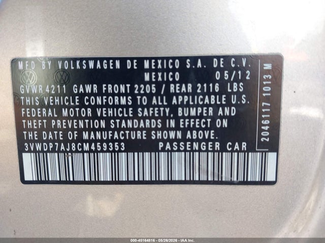 Aukcja sprzedaży 2012 Volkswagen Jetta 2.5l Se, vin: 3VWDP7AJ8CM459353, numer aukcji: 45164816