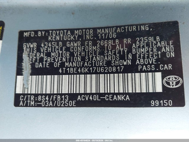 45164824 :رقم المزاد ، 4T1BE46K17U620817 vin ، 2007 Toyota Camry Le مزاد بيع