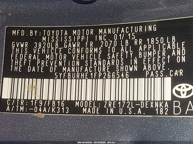 5YFBURHE1FP266546 Toyota COROLLA LE