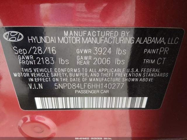 Aukcja sprzedaży 2017 Hyundai Elantra Value Edition, vin: 5NPD84LF6HH140277, numer aukcji: 45164832