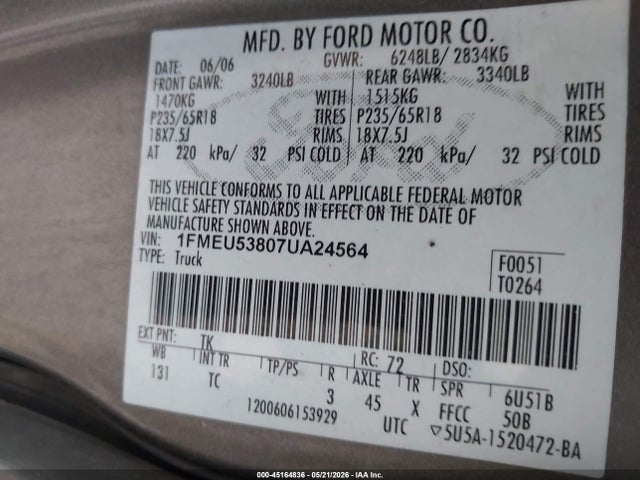 2007 Ford Explorer Sport Trac Limited მანქანა იყიდება აუქციონზე, vin: 1FMEU53807UA24564, აუქციონის ნომერი: 45164836
