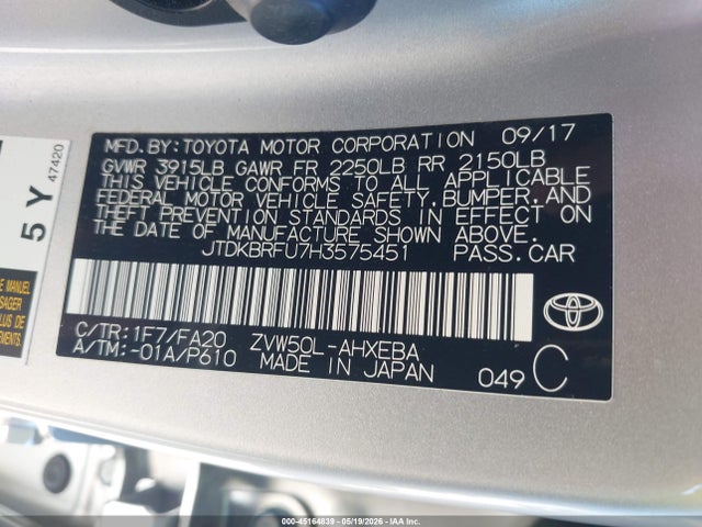 2017 Toyota Prius Two მანქანა იყიდება აუქციონზე, vin: JTDKBRFU7H3575451, აუქციონის ნომერი: 45164839