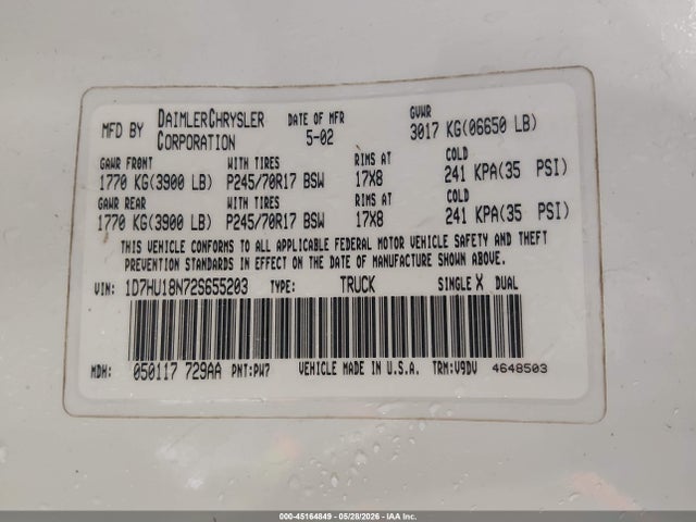 Продаж на аукціоні авто 2002 Dodge Ram 1500 St, vin: 1D7HU18N72S655203, номер лоту: 45164849
