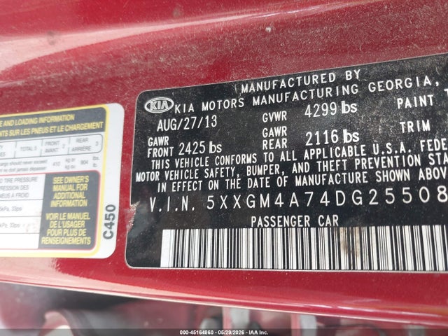 45164860 :رقم المزاد ، 5XXGM4A74DG255082 vin ، 2013 Kia Optima Lx مزاد بيع
