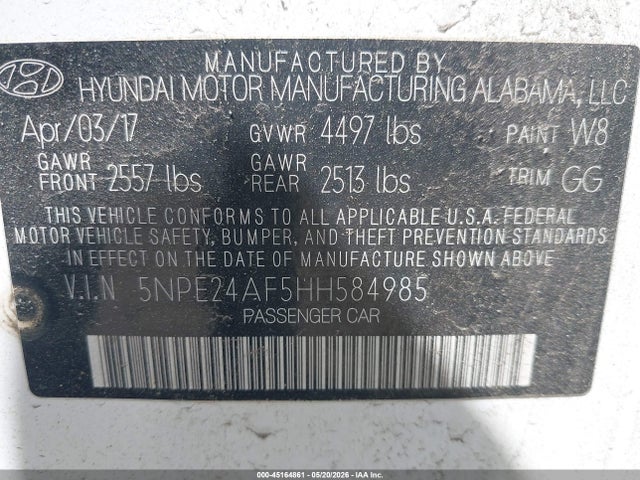 2017 Hyundai Sonata მანქანა იყიდება აუქციონზე, vin: 5NPE24AF5HH584985, აუქციონის ნომერი: 45164861