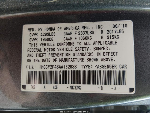 Продажа на аукционе авто 2010 Honda Accord 2.4 Lx-p, vin: 1HGCP2F48AA162888, номер лота: 45164871