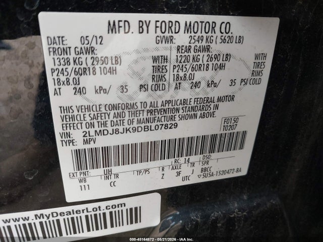 Aukcja sprzedaży 2013 Lincoln Mkx, vin: 2LMDJ8JK9DBL07829, numer aukcji: 45164872