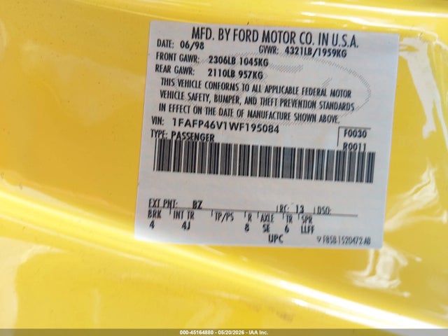 Продажа на аукционе авто 1998 Ford Mustang Svt Cobra, vin: 1FAFP46V1WF195084, номер лота: 45164880