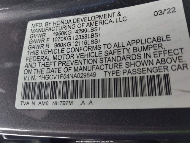 1HGCV1F54NA029849 Honda Accord Ex-l
