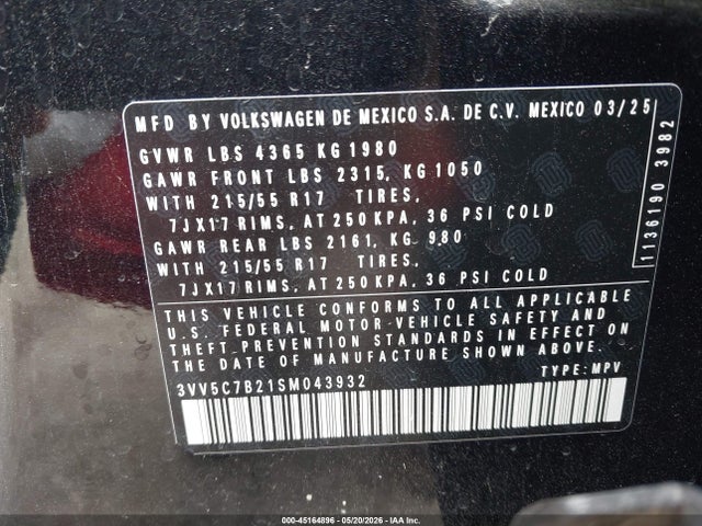 Aukcja sprzedaży 2025 Volkswagen Taos 1.5t S, vin: 3VV5C7B21SM043932, numer aukcji: 45164896