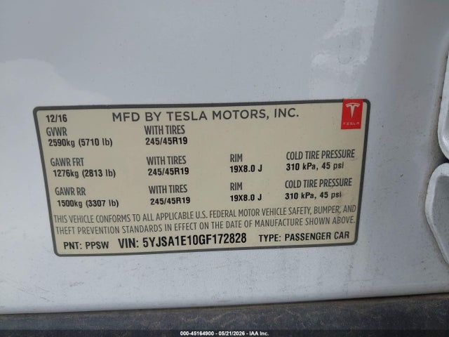 2016 Tesla Model S 60/70/75/85 მანქანა იყიდება აუქციონზე, vin: 5YJSA1E10GF172828, აუქციონის ნომერი: 45164900