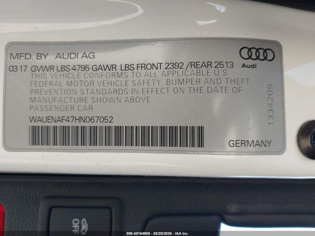 Продаж на аукціоні авто 2017 Audi A4 2.0t Premium, vin: WAUENAF47HN067052, номер лоту: 45164905