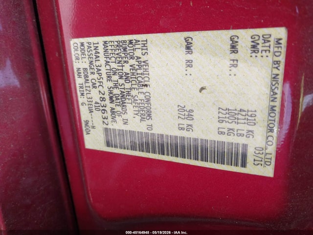 Aukcja sprzedaży 2015 Nissan Altima 2.5 Sv, vin: 1N4AL3AP5FC283632, numer aukcji: 45164948
