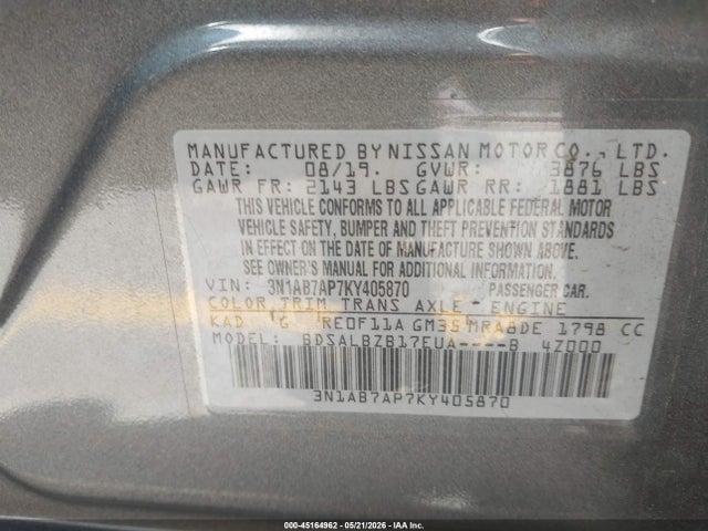 45164962 :رقم المزاد ، 3N1AB7AP7KY405870 vin ، 2019 Nissan Sentra S مزاد بيع