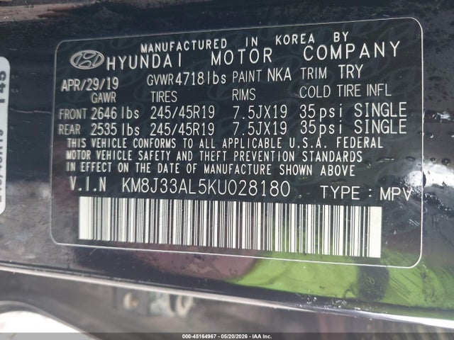 Aukcja sprzedaży 2019 Hyundai Tucson Sport, vin: KM8J33AL5KU028180, numer aukcji: 45164967