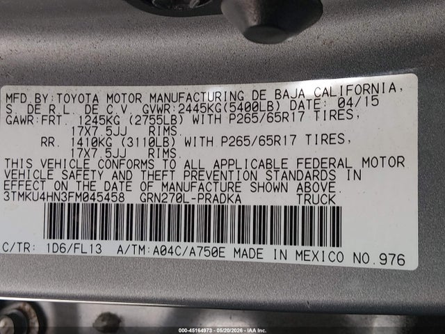 2015 Toyota Tacoma Prerunner V6 მანქანა იყიდება აუქციონზე, vin: 3TMKU4HN3FM045458, აუქციონის ნომერი: 45164973