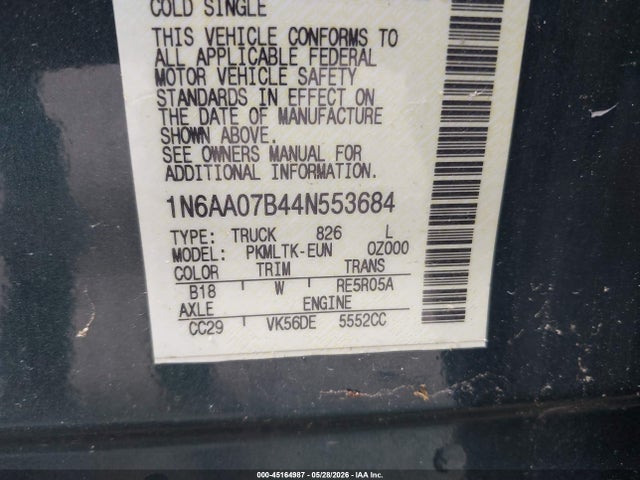 45164987 :رقم المزاد ، 1N6AA07B44N553684 vin ، 2004 Nissan Titan Se مزاد بيع