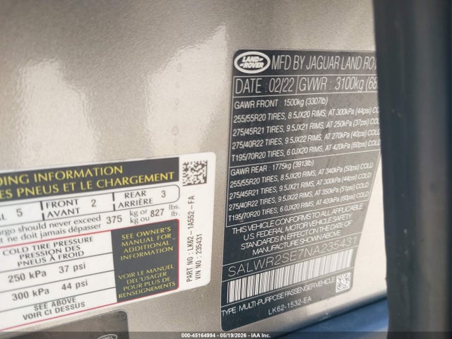 Aukcja sprzedaży 2022 Land Rover Range Rover Sport Hse Dynamic, vin: SALWR2SE7NA235431, numer aukcji: 45164994